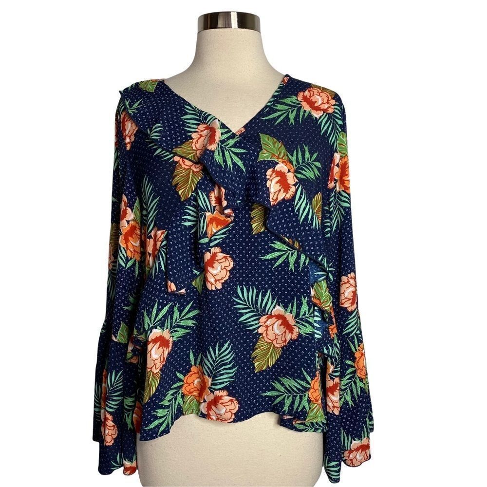 Hope Horizon Womens Tropical Blouse Size S Floral Long Sleeve Ruffle